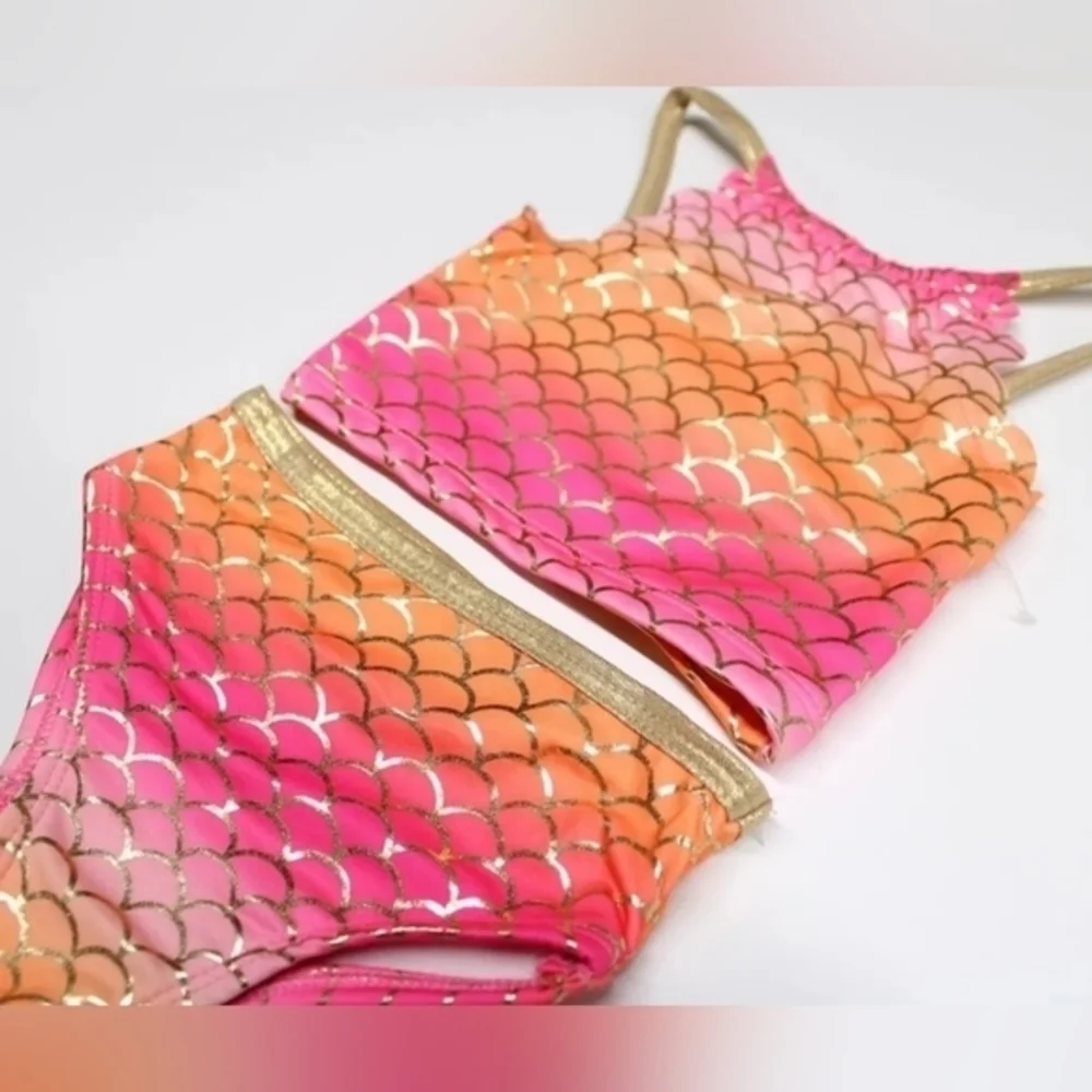 Mermaid Scallop Pink Orange & Metallic Gold Girls 2 Piece Bikini‎ Swimwear. NWT